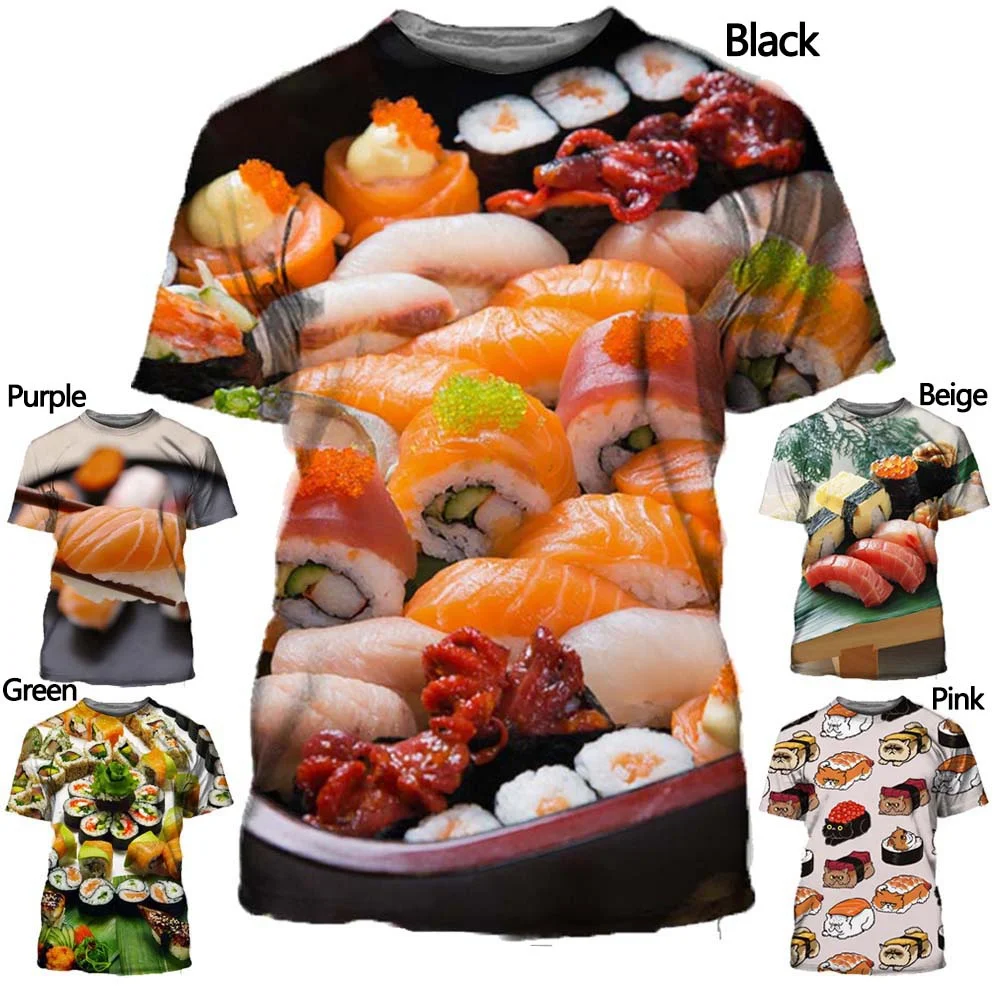 

3D printed T-shirt sushi fish and meat T-shirt men's casual round neck short sleeve food T-shirt