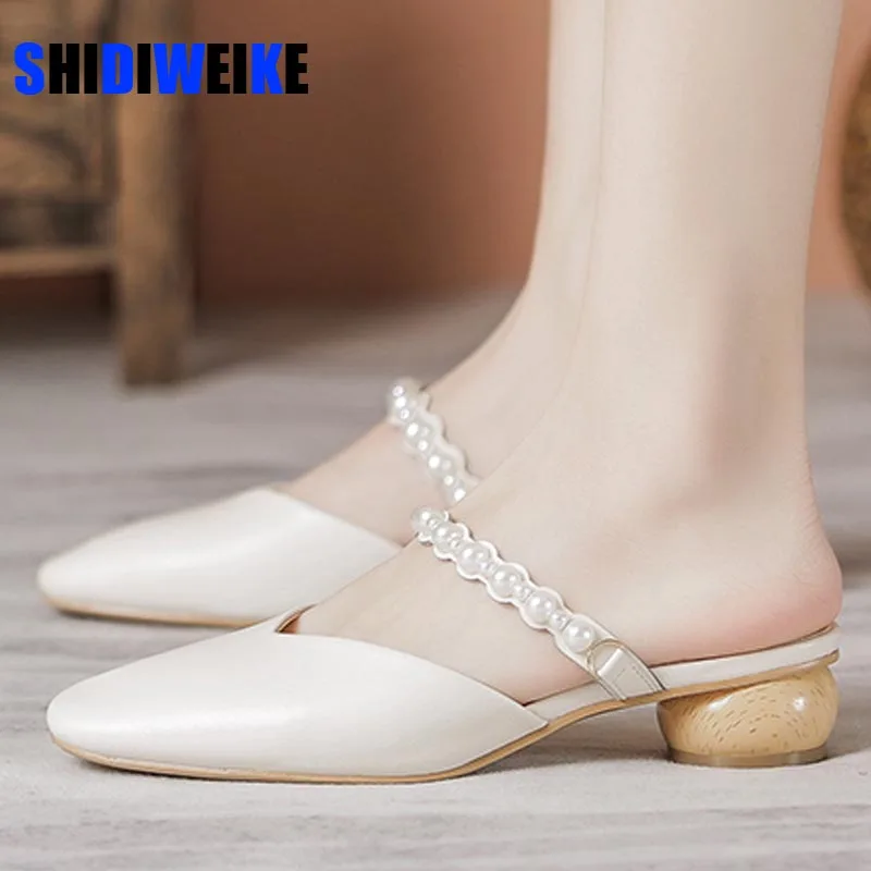 

2022 Genuine Leather Insole Sandals String Bead Casual Slide Shoes Slip on Pumps Women Fashion Pointed Toe Lady Mules Slippers