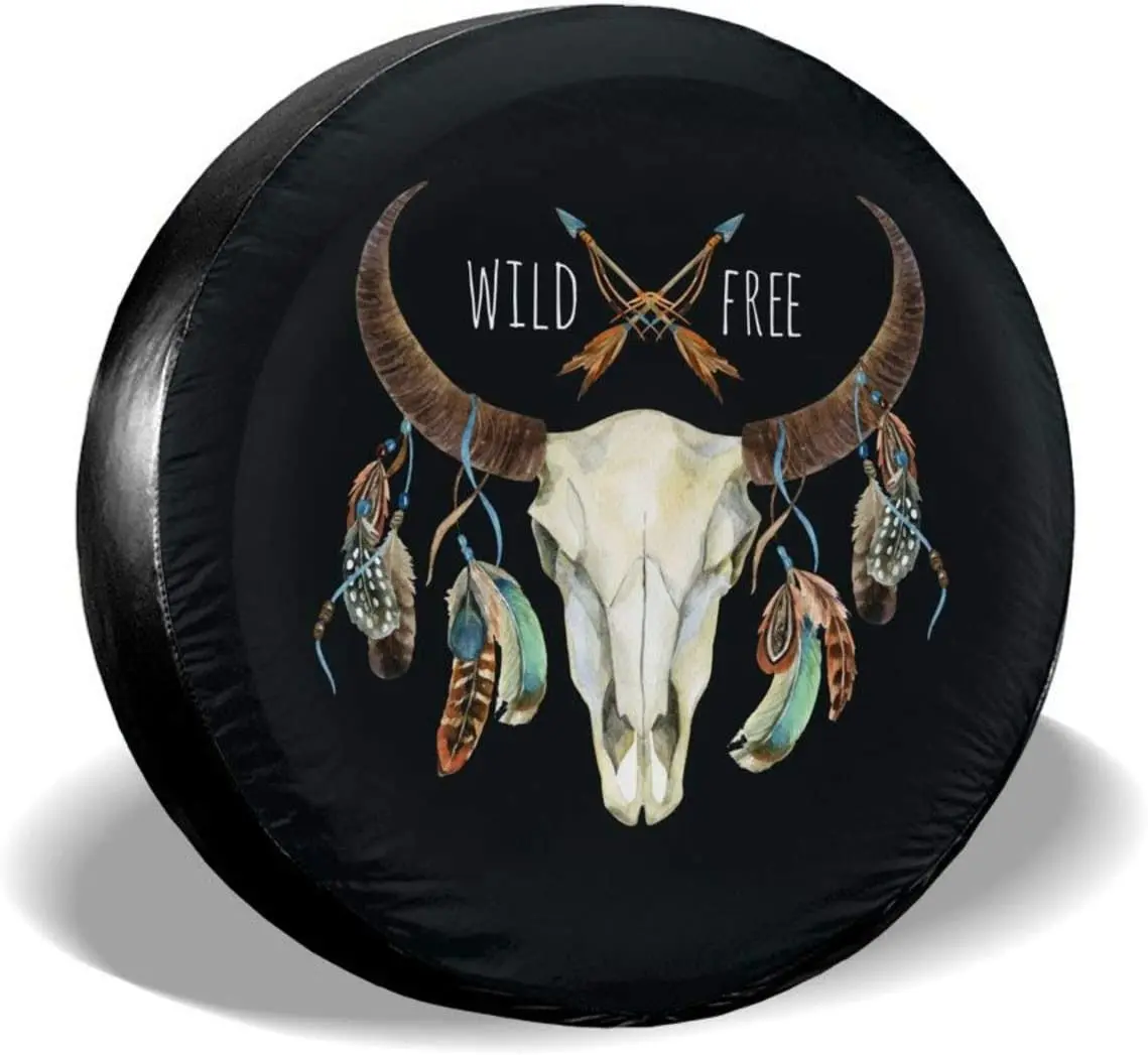 

Cow Buffalo Skull with Feathers Spare Tire Cover Waterproof Dust-Proof UV Sun Wheel Tire Cover Fit Fits most vehicle tire covers