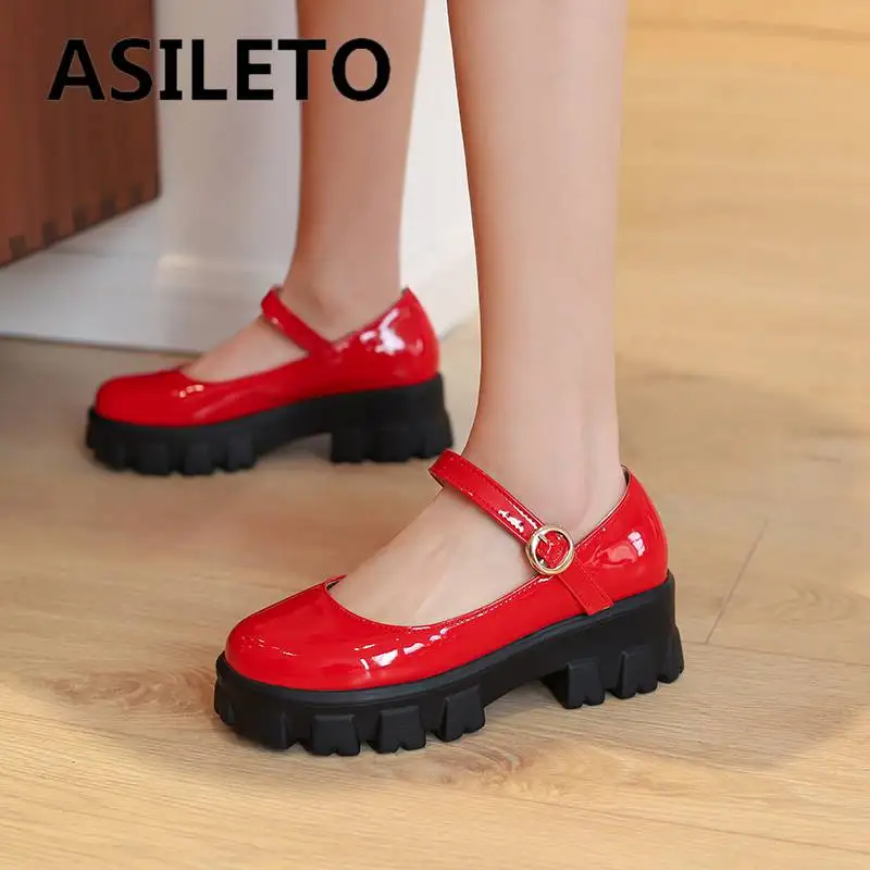 

ASILETO Women Pumps Round Toe Thick Heels 5.5cm Buckle Strap Solid Mary Jane Female Shoes Concise Dating Sweet Big Size 42 43