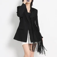 patchwork tassel hem blazer for women notched collar long sleeve solid minimalist blazers female fashion clothing