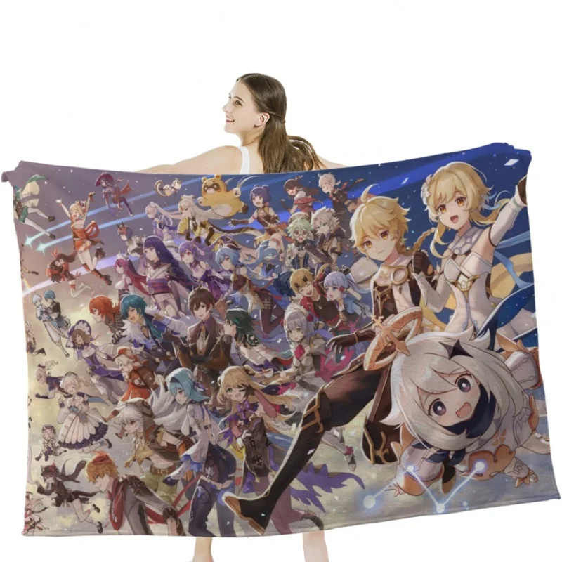 

Genshin Impact Characters Chibi Assemble Throw Blankets Soft Velvet Blanket Camping ,Travel Bedding Blanket