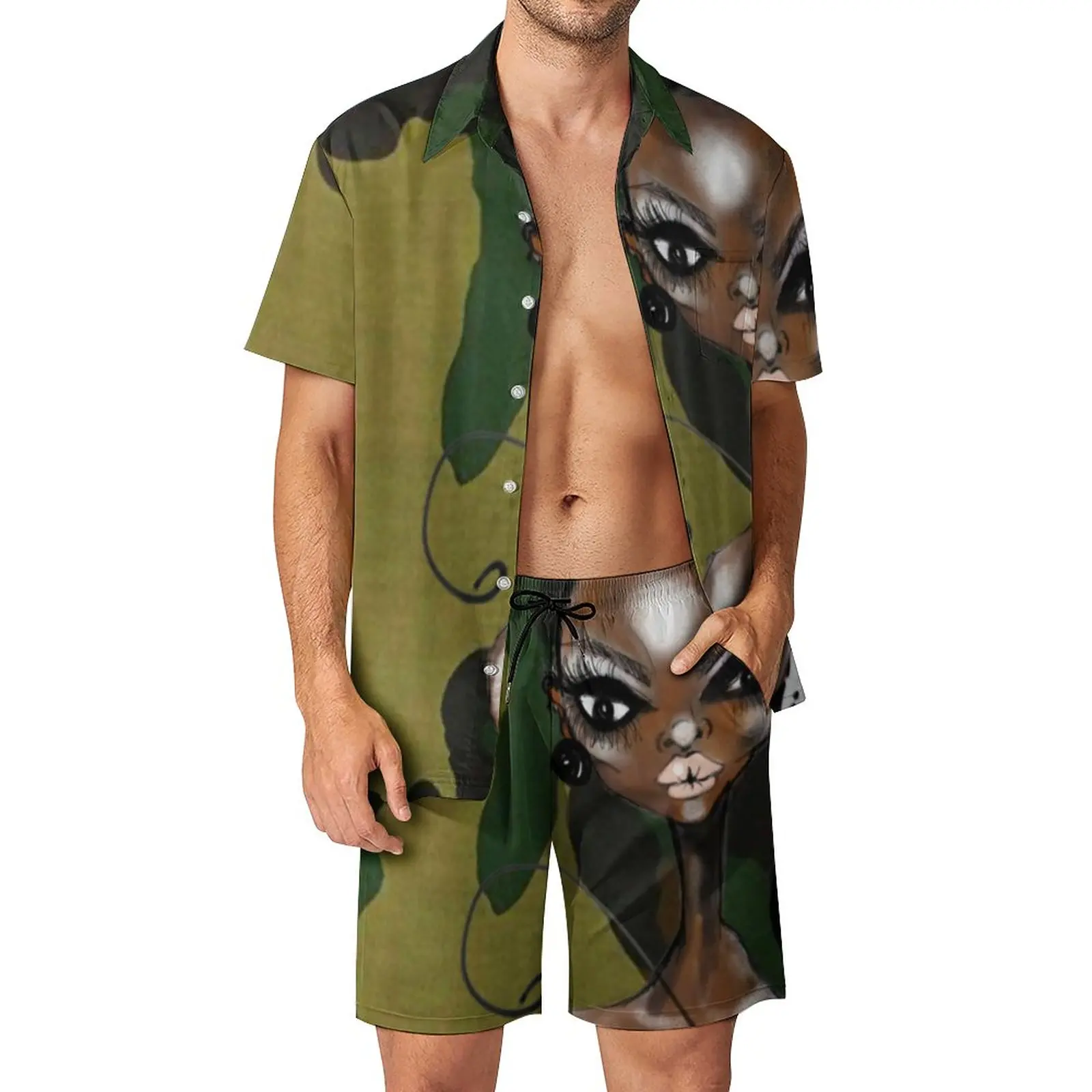 

Green Camo Men Sets Black Woman Print Casual Shorts Fitness Outdoor Shirt Set Hawaii Graphic Suit Short-Sleeve Oversize Clothes