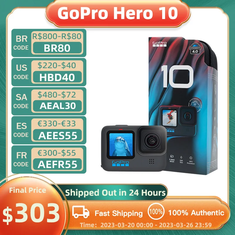 GoPro HERO 10 Black Underwater Action Camera 4K 5.3K60 Video, Helmet Sports Cam 23MP Photos, 1080p Live Streaming Go Pro HERO10