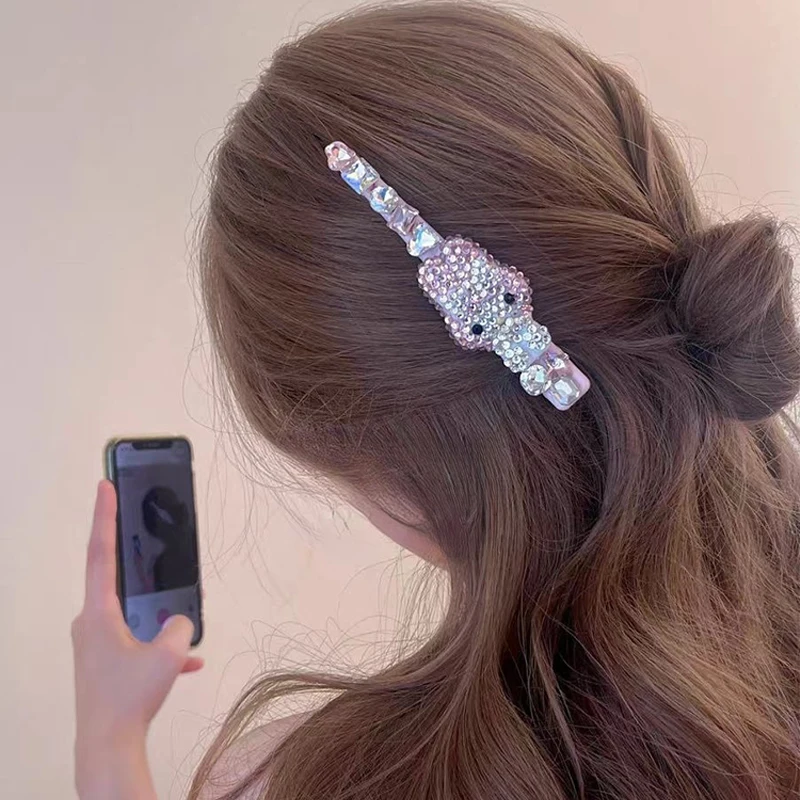 Милая заколка для волос Sanrio в стиле аниме Hello Kitty сверкающие стразы виде одного