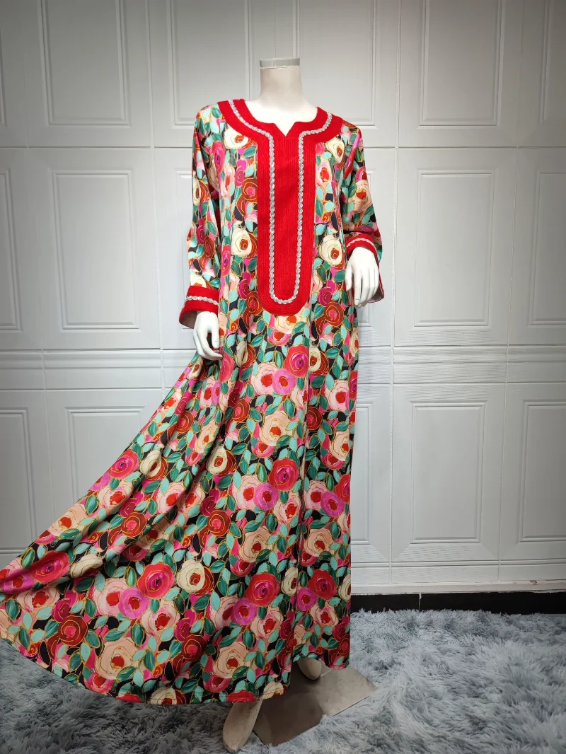 Jalabiya Muslim Dress Women Full Sleeve Ankle Length Robes Autumn New Floral Print Elegant Islam Abaya Muslim Party Long Dress