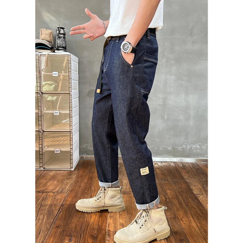 Streetwear Men 2022 New Pattern Vintage Recreational Navy Blue Jeans Loose Straight Cylinder Broad Leg Trousers Autumn Female