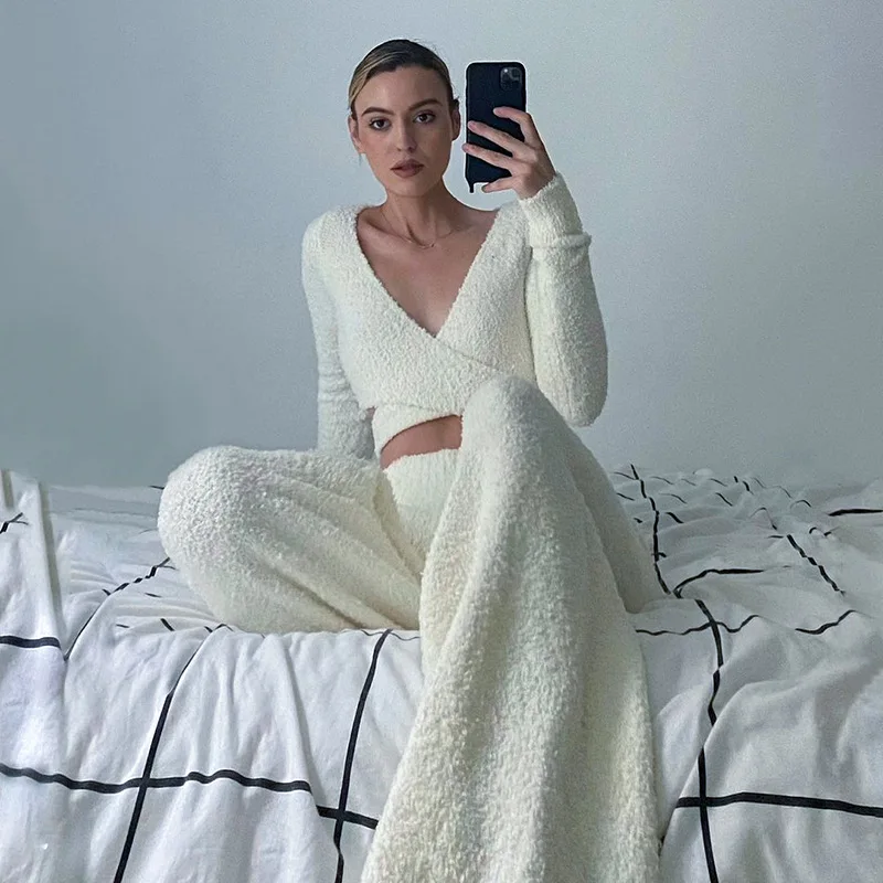 

Hot Two 2 Piece Set Casual Long Sleeve V Neck Tank Top + Flare Pants Tracksuit Women Matching Sets Outfits Streetw Winter New