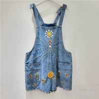 denim overalls for women 2022 summer fashion brand heavy embroidery sequins rhinestones suspender strap shorts lady loose wears
