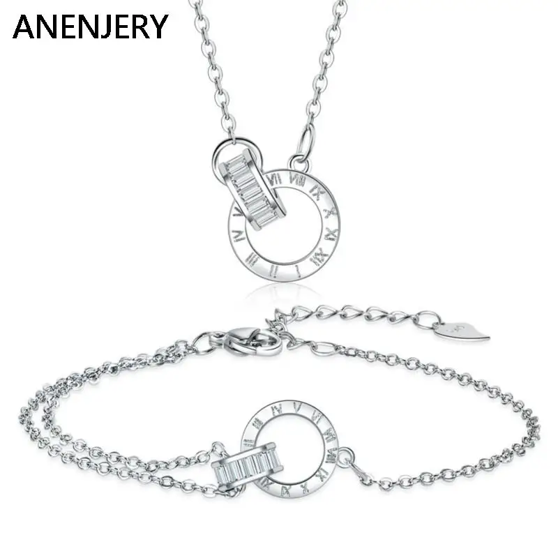 

ANENJERY Roman Numeral Circle Necklace Bracelet Jewelry Set For Women Elegant Anniversary Zircon Jewelry Gift Bijoux Femme