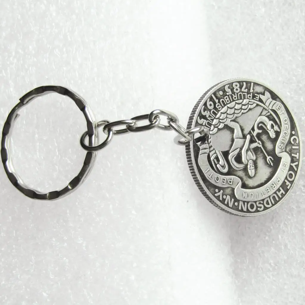 

US 1935 Hudson Half Dollar Silver Plated Hand Carved Coin Keychain