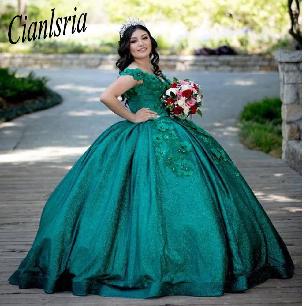 

Luxury Emerald Green Quinceanera Dresses 2022 Ball Gown Floral Applique Crystal Sweet 16 Dresses Lace-Up Birthday Party Custom