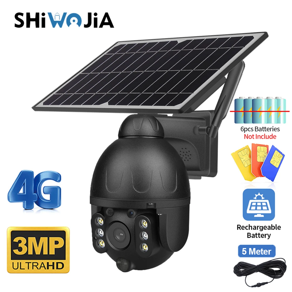 SHIWOJIA Outdoor Solar Camera 4G SIM GSM Wireless Security Black Detachable Solar Cam Battery CCTV Video Surveillance Phone