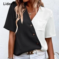 elegant fashion patchwork pullovers loose v neck chiffon top women short sleeve shirt office trending casual female clothes 2022