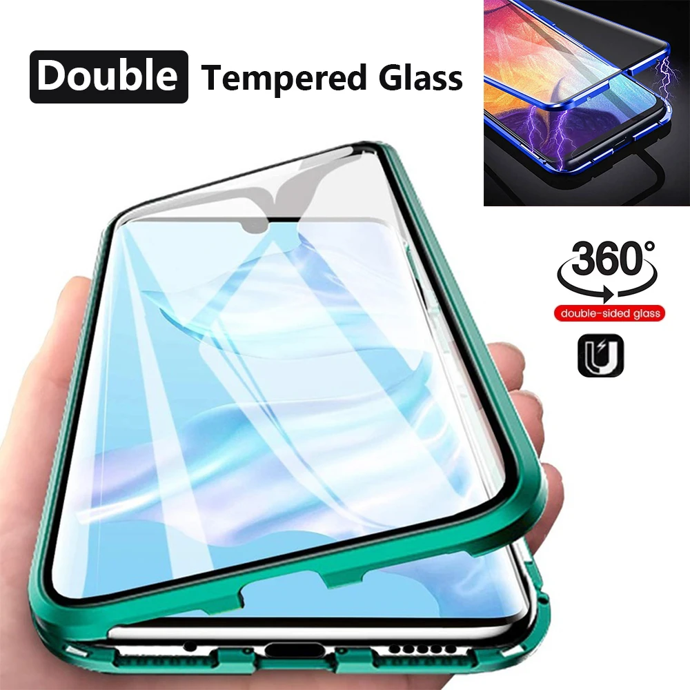 

New Double Sided Glass Cover Magnetic Metal Case For Samsung S23 S20 S21 S22 Plus Note 20 S23Ultra S20 S21FE A71 A51 A50 A14
