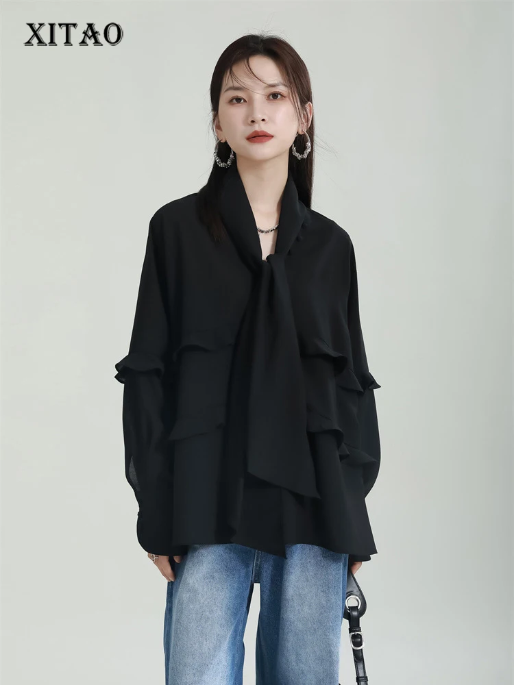 

Женская шифоновая рубашка XITAO, с оборками, на шнуровке, с v-образным вырезом, пуловер, топ, летняя, простая, свободная, новинка, блузка, WLD16144