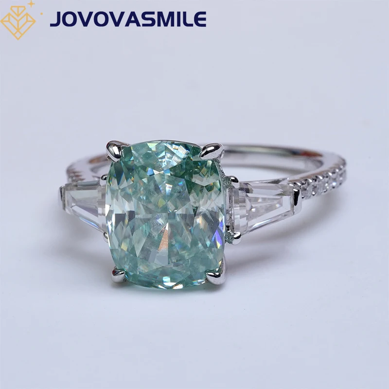 JOVOVASMILE Moissanite 18k White Gold Engagement Ring 3.5ct 8x10mm Cushion Cut Green Gems Accessories For Women For Wedding