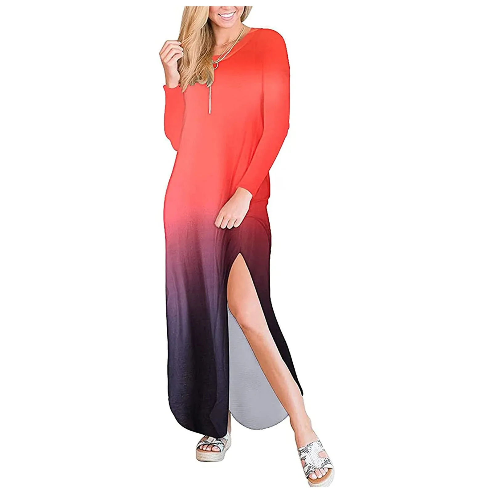 

Womens Dress Dyeing Print Bohemian Slit Long Sleeve Pocket Dresses Long Maxi Dresses Loose Casual Dress Casual Women