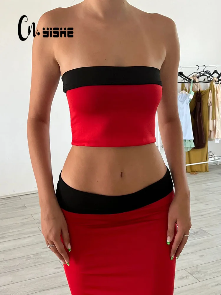 

CNYISHE Sexy Club Women Suits Sets Fashion Patchwork Sheath Strapless Elegant Sheath Tracksuits 2-pieces (Tops+Long Skirts)