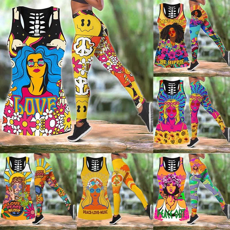 

Hippie Girl with Sunflower Peace Sign All Over Printed Combo Legging Tanktop Fitness Sport Running Yoga Suits Plus Size