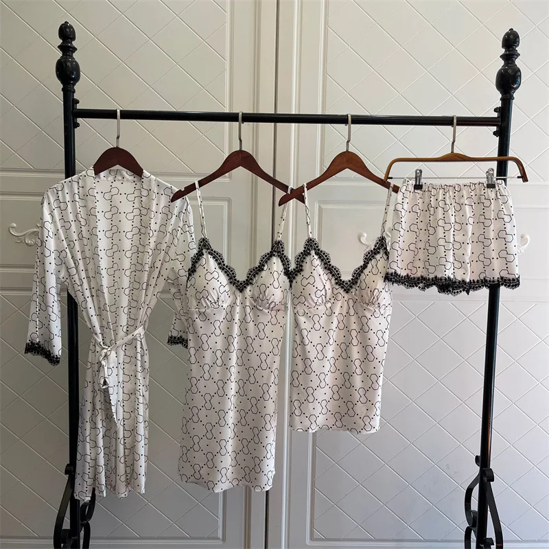 

Fashion satins ice Silk 4-piece robe gown sets women pajamas sets Korea sexy Spaghetti straps shorts sleepwear women
