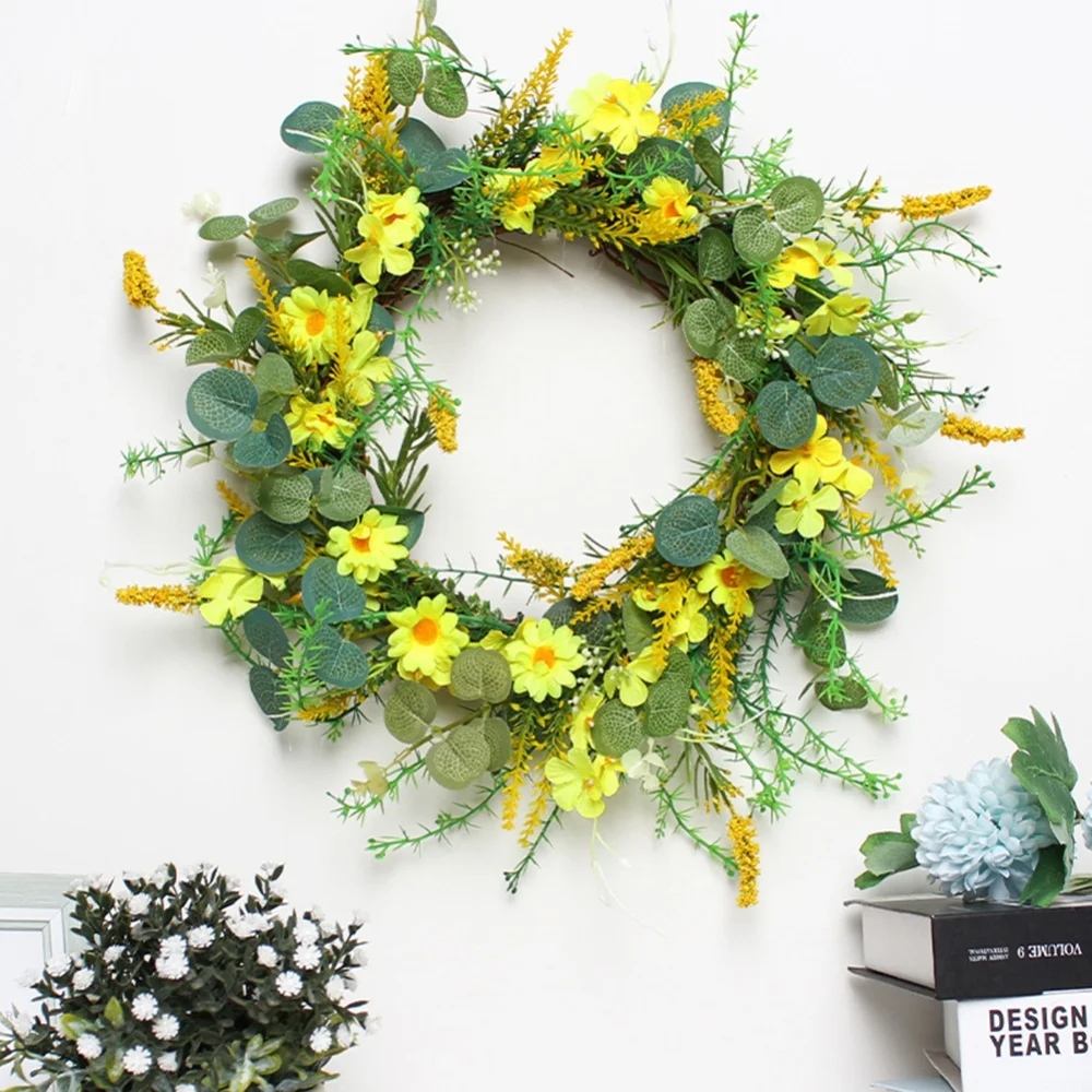 

Женский летний венок, искусственный весенний цветочный венок с желтой маргариткой и зелеными листьями, декоративный подвесной венок для вх...