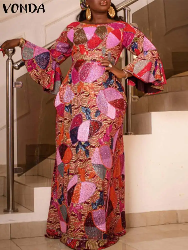 

2023 VONDA Autumn Bohemian Women Maxi Dress Long Flare Sleeve Casual Printed Elegant Sundress Loose Party Long Shirt Vestidos