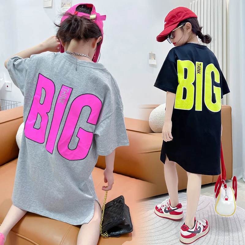 Летняя одежда для девочек футболки платья хлопковые с надписью платье длинные