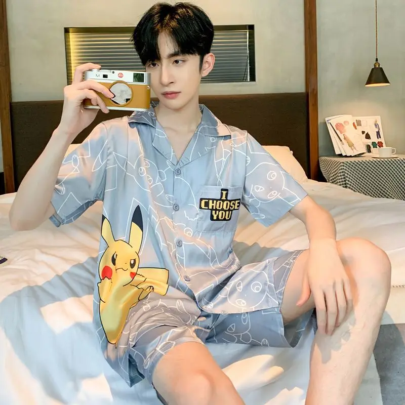 1 Pajamas men's summer ice silk short sleeve summer men's thin silk teen cartoon school loungewear set