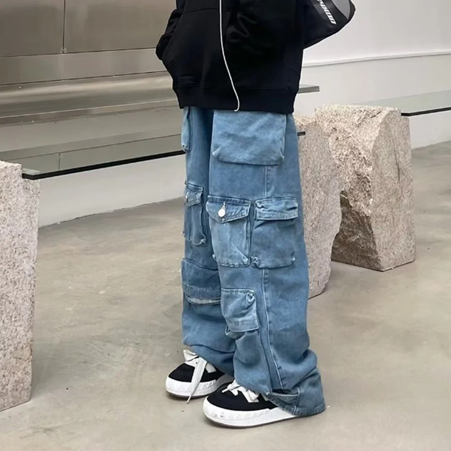 Multi Pockets Baggy Jeans Men Y2K Streetwear Harajuku Loose Jeans Fashion Hop Hop Tactical  Cargo Denim Pants Black Blue
