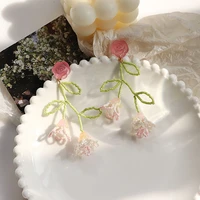 silver needle design summer romantic gradual pink flower long earring for women woven unique dating jewelry wholesale pendientes