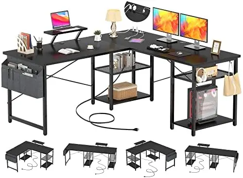 

Стол с выходом и зарядным USB-портом, L-образный стол с полками для хранения, двусторонний угловой длинный компьютерный стол для 2 человек