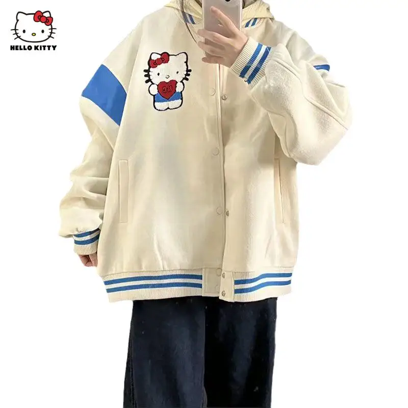 

Kawaii Hello Kitty Girl Coat Sanrio Kt Autumn Winter Embroidery Stitching Baseball Uniform Schoolgirl Loose Casual Jacket Top