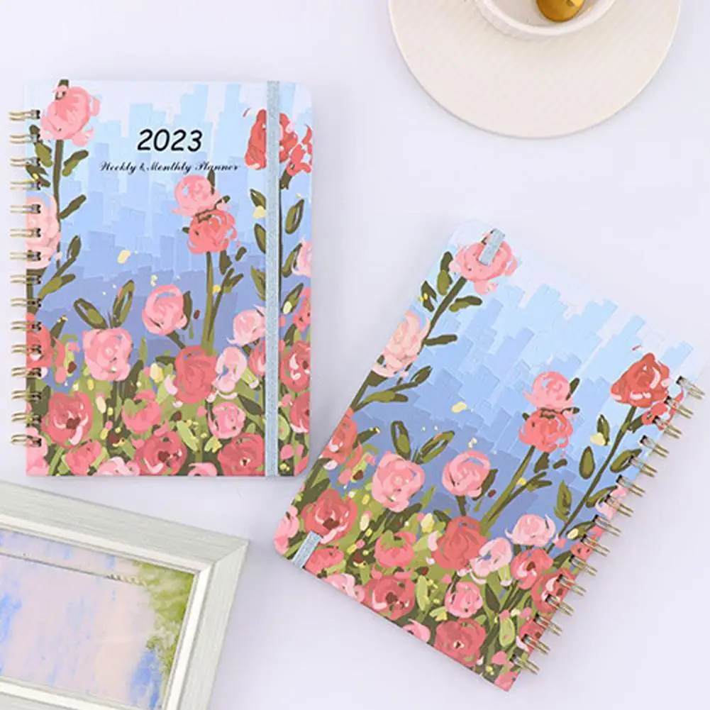 

2023 г., блокнот А5 на английском языке с цветочным узором на катушке, ежедневник, школьные принадлежности, офисный блокнот, Еженедельный планировщик, блокнот A1i8