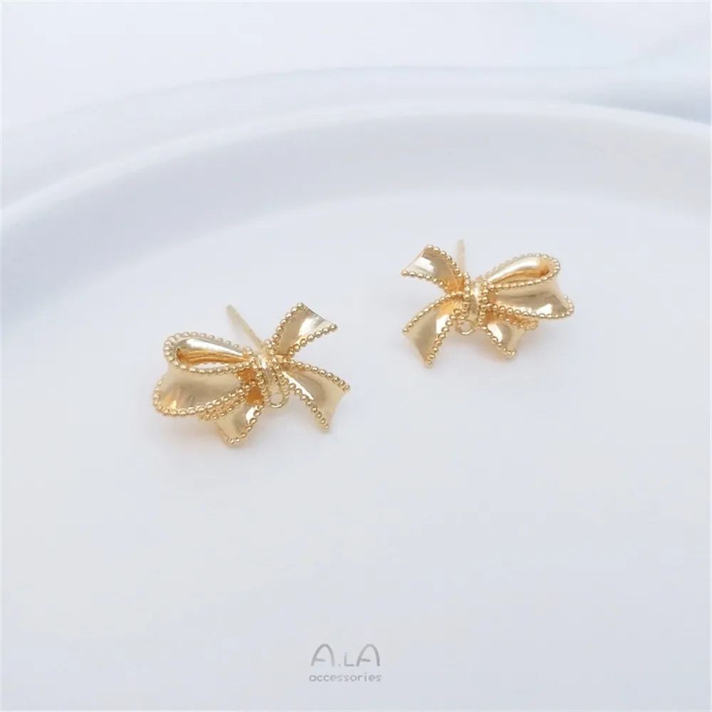 

925 silver pin 14K gold-covered color-protected lace bow with dangling earrings handmade diy earrings accessories
