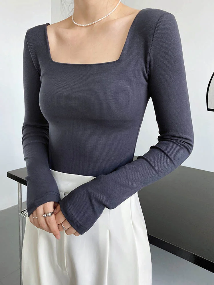

Лидер продаж, футболка с длинным рукавом и квадратным вырезом, Женский облегающий короткий топ с открытой шеей и глубоким вырезом, футболка 2023