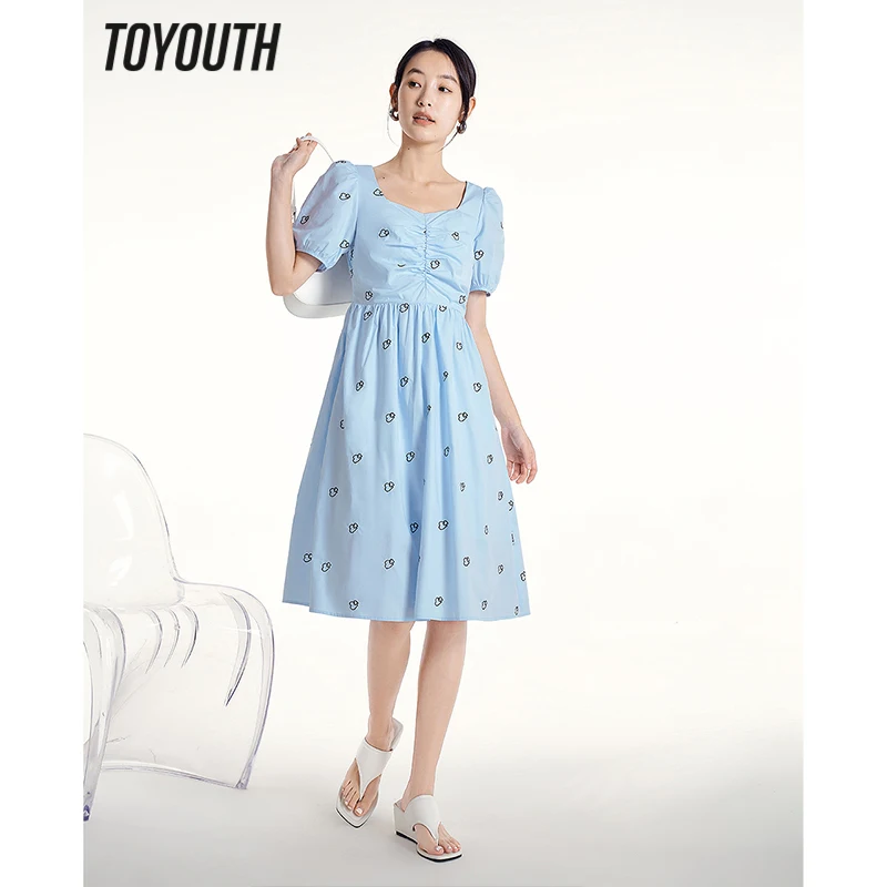 Toyouth Women Dress 2023 Summer Puff Sleeves Square Neck A-shape Slim Waist Heart Embroidery French Elegant Blue Skirt