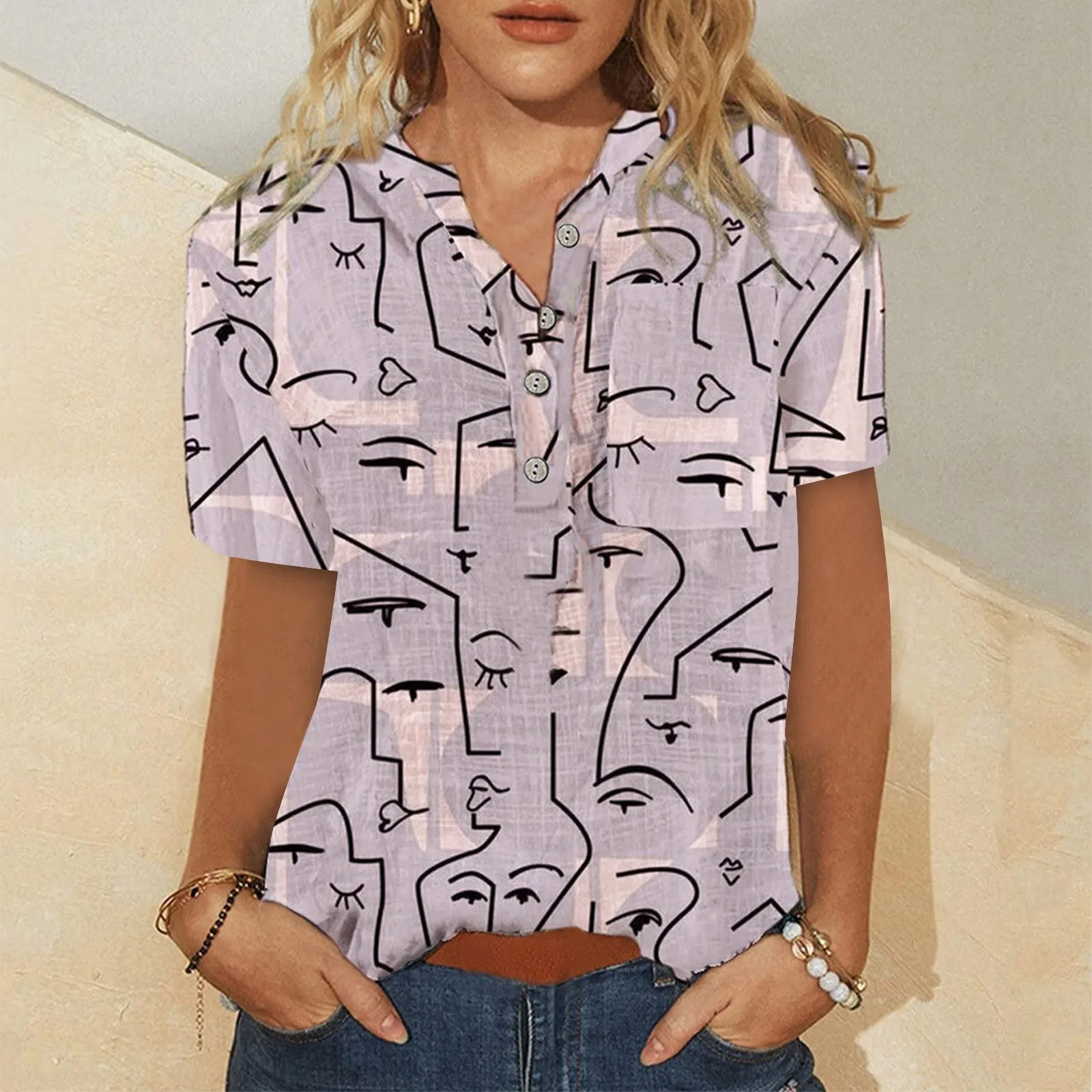 

T Shirt Dresses For Women 2022 Short Sleeve Summer Trendy Printed Tee Shirt Button Neckline T Shirts Ladies Blouses Ropa Mujer
