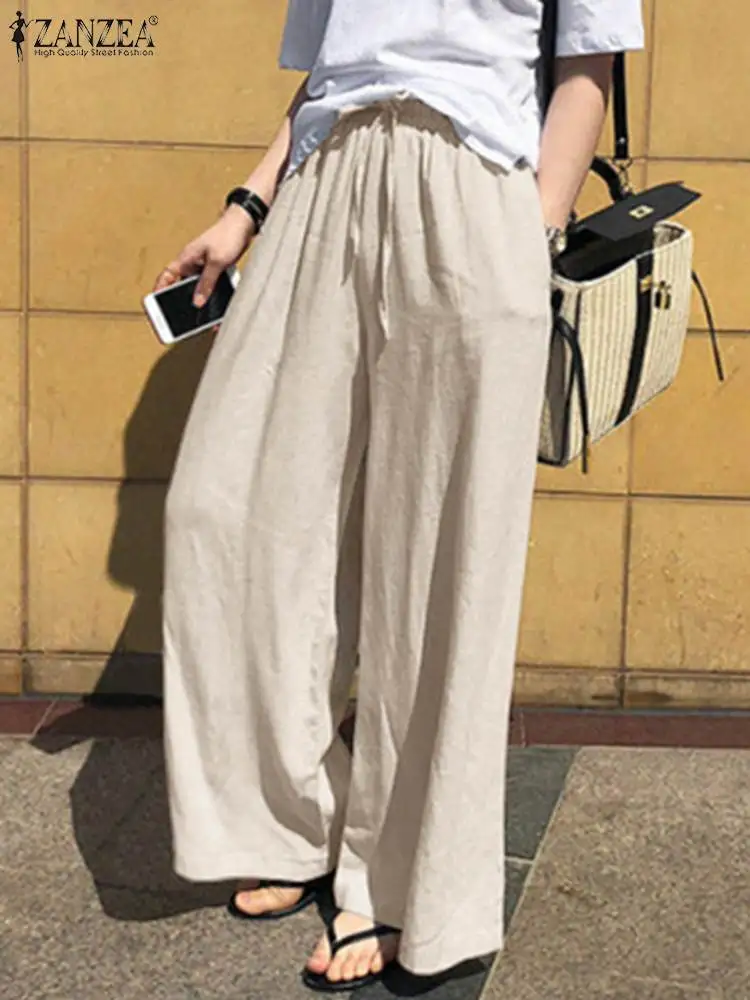 

ZANZEA Autumn High Waist Solid Long Trousers Stylish Women Wide Leg Pants Casual Loose Streetwear Female Cotton Pantalon 2023