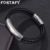 fortafy leather bracelet for men black braided leather rope hand chain stainless steel magnetic clasps male jewelry frpw804
