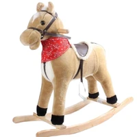 78x28x68cm promotional customized children light brownwhite plush rocking horse toy with red triangle scarfwooden base