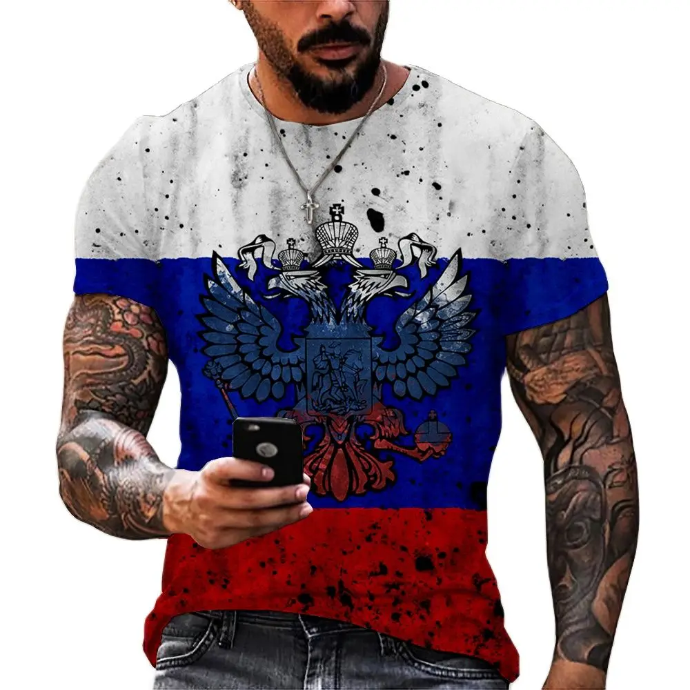 

Футболка мужская с 3D-принтом, винтажный Модный Топ с круглым вырезом и коротким рукавом, свободная рубашка в стиле оверсайз, с российским фл...