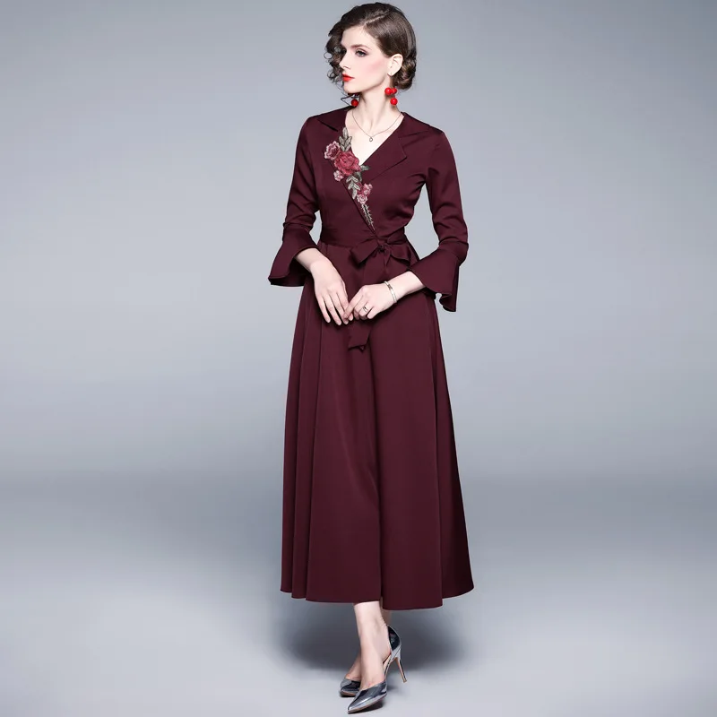 

2021 Autumn Winter New Elegant V Neck Embroidery Wedding Party Guest Dresses Mother Robes Vintage Evening Gowns Prom Vestidos