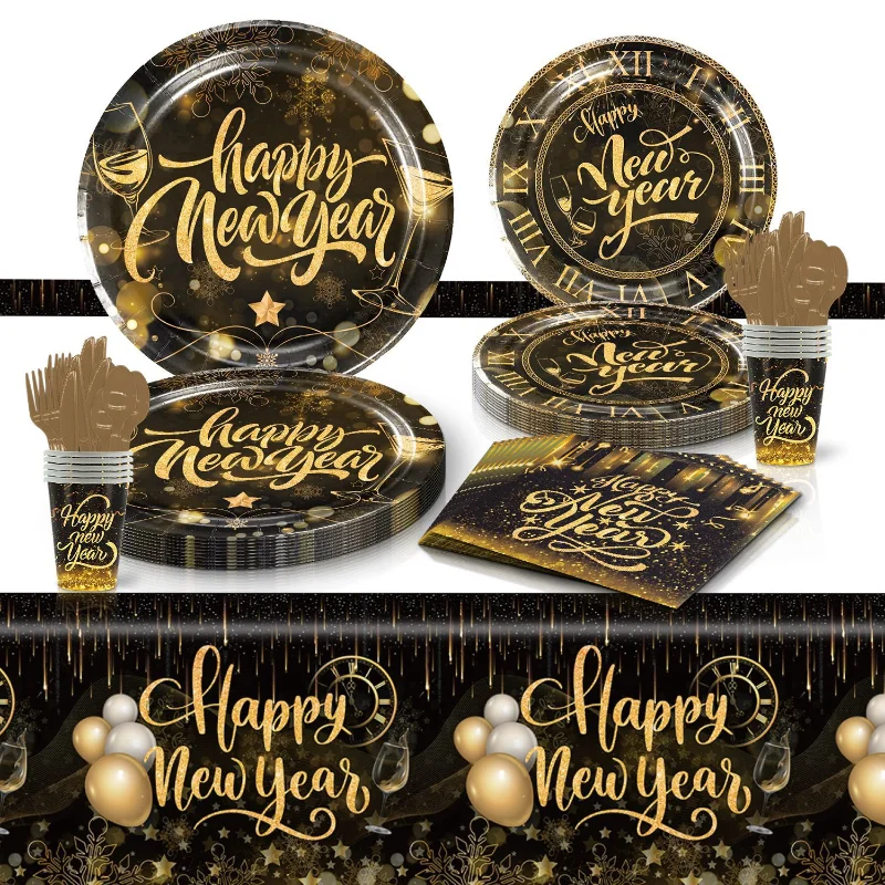 

Wholesale Happy New Year Party Decoration Christmas Party Supplies Black Gold Paper Plate Cup Napkin Fork Knife Spoon Tablecloth