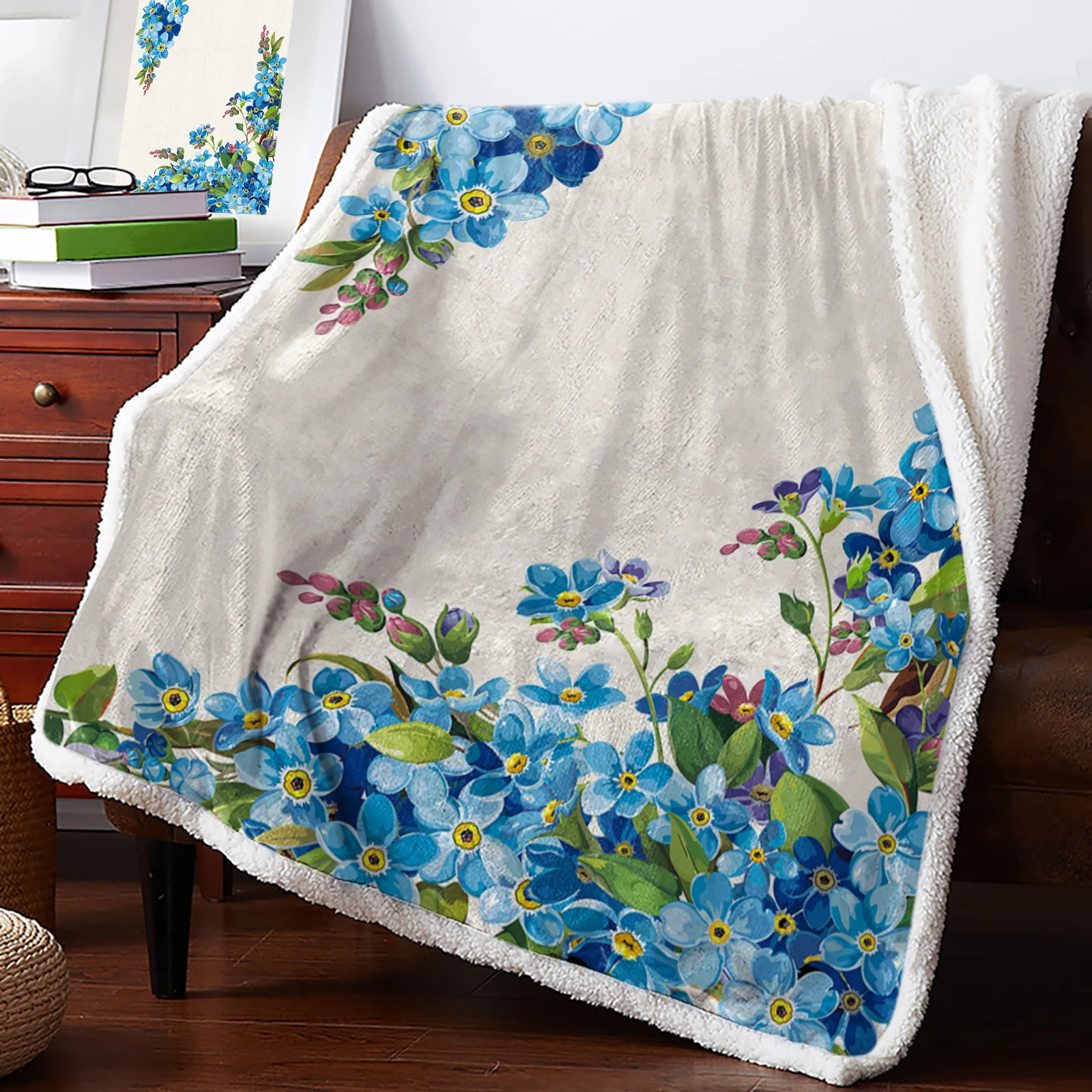 

Blue Watercolor Flowers Blankets Winter Warm Cashmere Blanket Office Sofa Soft Throw Blanket Kids Bed Bedspread