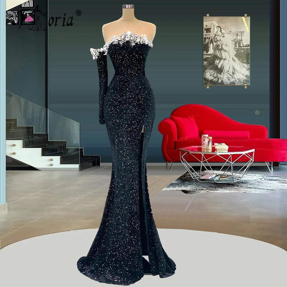 

Black Velvet Sexy Elegant Prom Dresses Long Sleeve One Shoulder Crystals Sparkly Sequin Mermaid Women Party Evening Gown Vintage