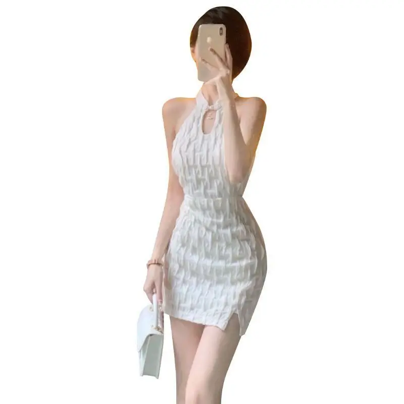 Женское винтажное короткое платье без рукавов с открытыми плечами и разрезом