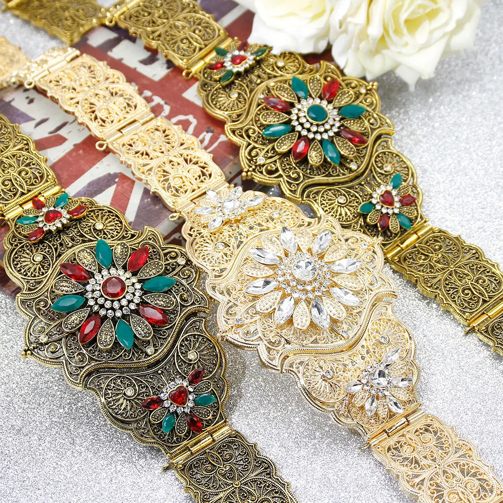 Neovisson Moroccan Crystal Belt for Women Algeria Robe Belt Wedding Jewelry Gold Color Metal Chain Adjustable Handmade Jewelry