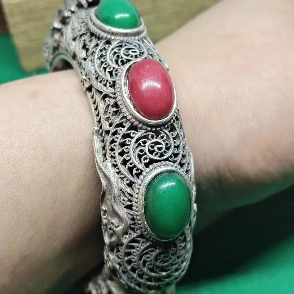 

Hot Selling Tibetan Silver Inlaid Natural Green Jade Bracelet Fashion Jewelry Men Women Luck Gifts