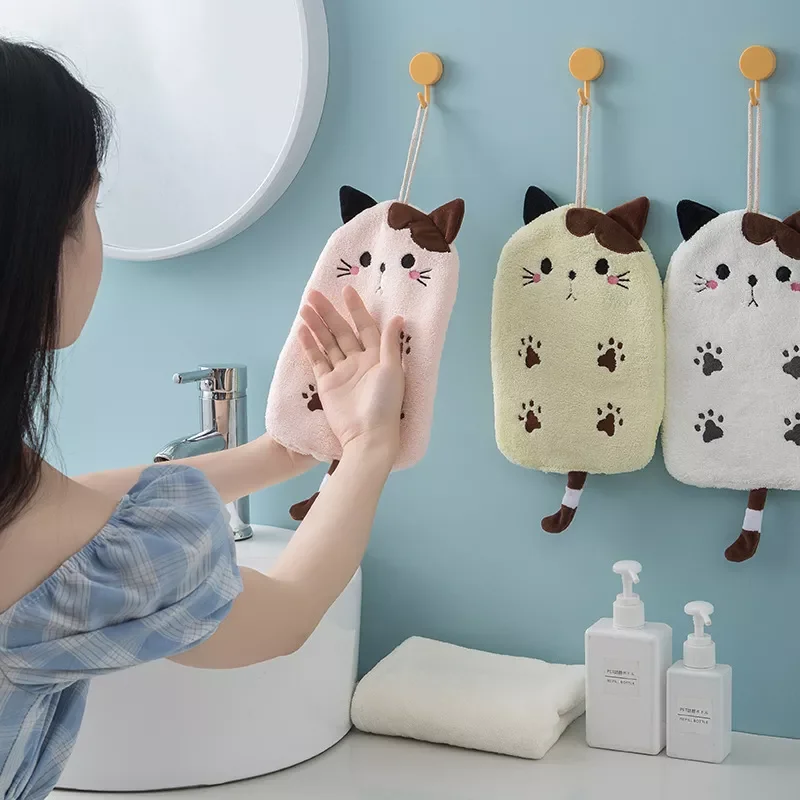 

1Pcs Super Absorbent Hanging Type Cat Embroidered Towelette Home Decora Dual Purpose Coral Velvet Hand Towel Bathroom Supplies